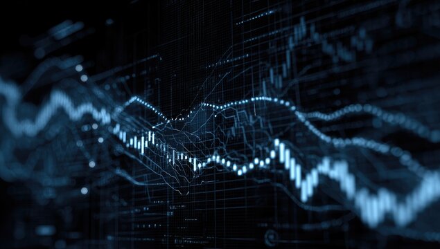 Abstract Data Visualization of Volatile Financial Market with Blue Light Graphics and Dark Background