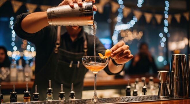 Professional male bartender skillfully pouring a crafted cocktail from a metal shaker into an elegant glass and garnishing it with an orange peel at a vibrant bar counter with blurred lights. - Powered by Adobe