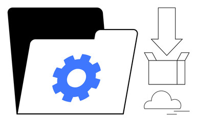 Open folder with a gear highlighting settings, cloud with motion lines symbolizing cloud storage, downward arrow into a box for downloading. Ideal for data management, cloud storage, settings