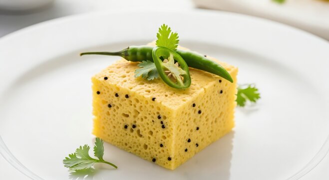 Delicious Indian savory snack Dhokla, a steamed fermented batter dish, garnished with fresh green chilies and cilantro on a white plate. - Powered by Adobe