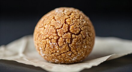 Close-up of a single golden brown textured sweet ball dessert, possibly a cookie or energy bite, lightly dusted with powdered sugar and resting on crumpled parchment paper against a dark background.