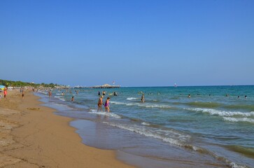 Türkiye, Side, August 23, 2025 , sandy beach on the Mediterranean Sea in Side, Turkey
