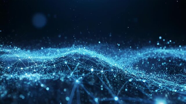 A deep blue digitally created network of glowing nodes, with abstract dots and connection lines
