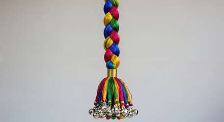 Vibrant multicolored braided thread tassel with shiny silver jingle bells, a traditional Indian decorative accessory for festive clothing or home decor