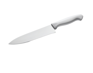Shiny kitchen knife, white handle, facing left