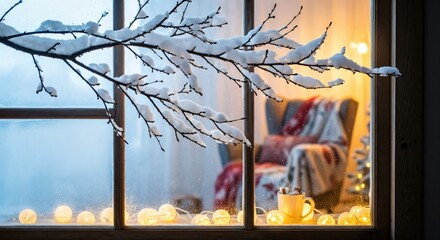 Cozy winter scene looking through a frosted window into a warm room with glowing string lights, a comforting mug, and a festive armchair, evoking holiday cheer.