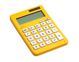 Yellow calculator with white buttons on a black background