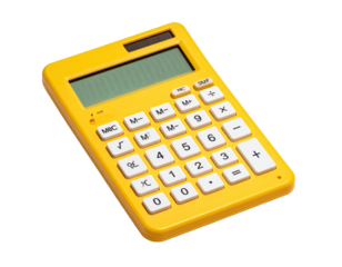 Yellow calculator with white buttons on a black background