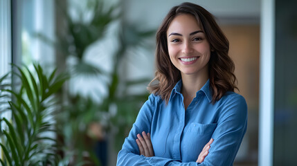 A close-up portrait of a young, professional woman in a blue shirt, arms crossed and smiling, standing confidently in an office setting.