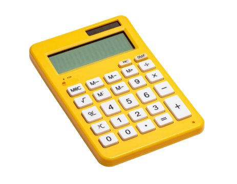 Yellow calculator with white buttons on a black background