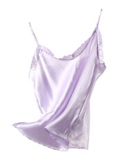 Flying lilac pajamas top on white background