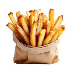 Golden fried potatoes in paper bag isolated on transparent background