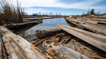 Marsh with floating debris and old wood planks under blue sky