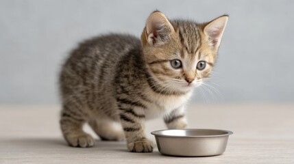Adorable tabby kitten exploring its surroundings with curiosity while standing near an empty metal food bowl against a neutral background