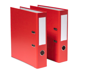Two red ring binders, upright, against a black background