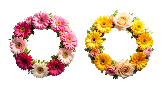 Two colorful flower wreath variations with roses, gerberas, and chrysanthemums, isolated on transparent background
