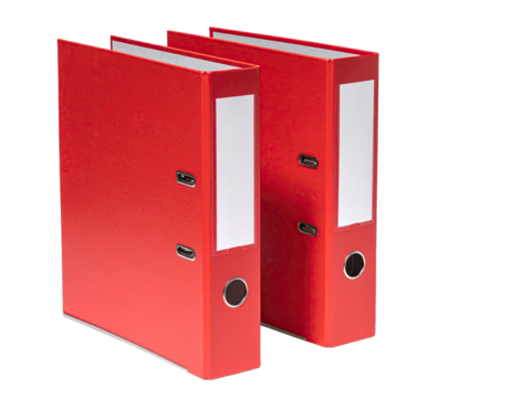 Two red ring binders, upright, against a black background