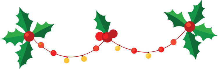 Vector garland of festive holly and ivy with bright christmas lights illustration