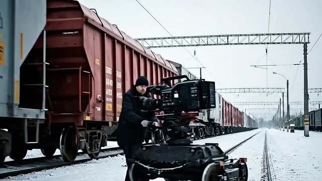 Film Crew Prepares to Shoot Cinematic Scene on Snowy Railroad Tracks by Maroon Cargo Train Carriages with Muted Sky Film Production in Winter Cold Environment on Location Set 185 Chars