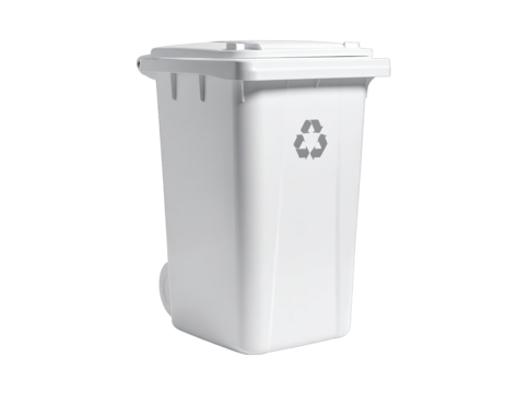 White, wheeled recycle bin with recycle symbol