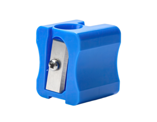 Blue, plastic pencil sharpener with a silver blade