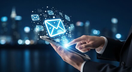 Businessman sending emails on digital tablet glowing with notifications