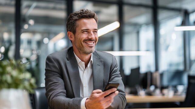 Handsome businessman in a suit smiling while working on his tablet and phone in a modern city office - Powered by Adobe