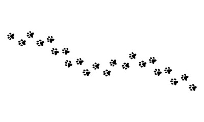A winding trail of animal paw prints, depicted in black against a clean white background.