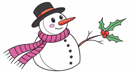 Festive Snowman: A charming snowman wearing a stylish top hat and scarf, holds a sprig of holly, celebrating winter's joy with a friendly smile.