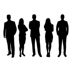 Five silhouetted figures stand together, representing a diverse business team or professional group.