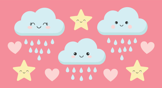 Cute cartoon clouds with smiling faces and falling raindrops and stars.