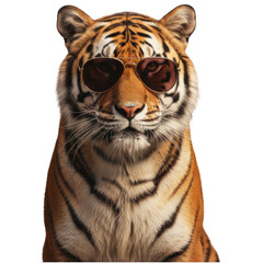 Obraz premium Striking portrait of a tiger, gazing forward, sporting sunglasses against a plain background