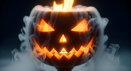 A spooky JackoLantern with flame and fog effects that enhance its eerie ambiance