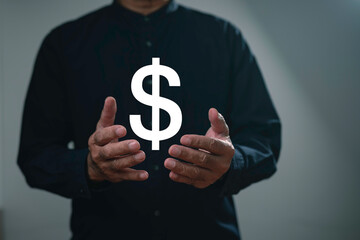 Businessman holding virtual dollar sign symbol, representing financial growth, wealth management,...