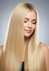 Beautiful woman with long, healthy blonde hair. Young model with smooth, shiny hair in motion. Beauty portrait perfect for hair care, shampoo, and salon advertisements.
