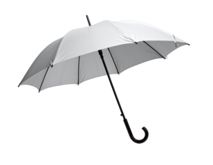 Open, curved, white umbrella with a dark, hooked handle