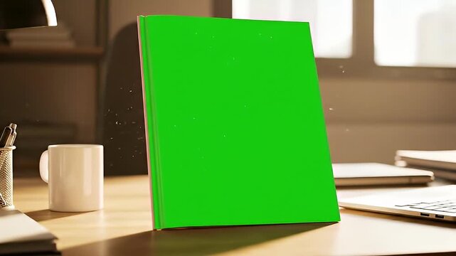 Green screen book cover mock-up on a wooden desk with natural light