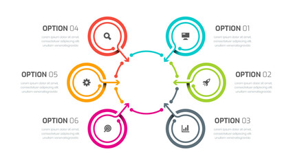Business Central Circle Infographic with 6 Circle Lines and Icon, Suitable for Presentations, Process Diagram, Workflow.
