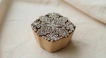 Traditional Indian hand-carved wooden block printing stamp featuring an intricate white floral mandala pattern, resting on a soft cream textile surface, a tool for textile art and craft.