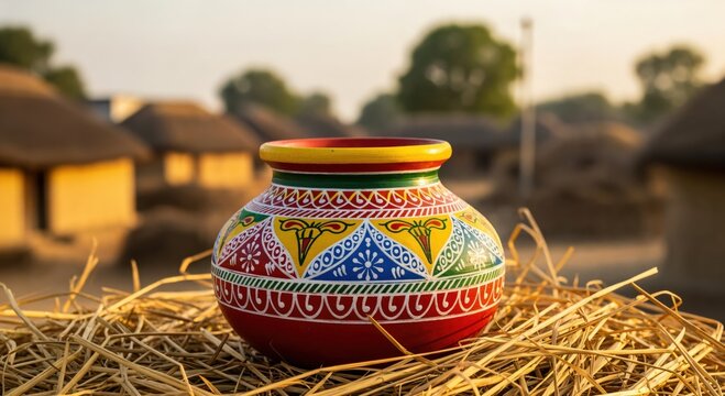 Vibrantly decorated traditional Indian clay pot, known as matka, resting on golden straw with blurred rural village huts in the background, depicting cultural heritage.