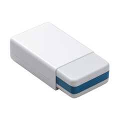 Rectangular white and blue eraser on a solid black background