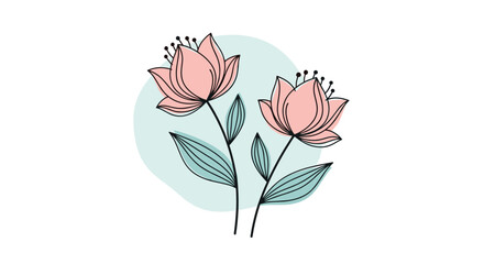 Delicate pink blooming flowers with green leaves and stems on a light blue background.