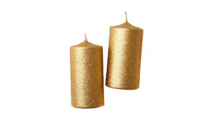 Two tall golden textured candles isolated on transparent background