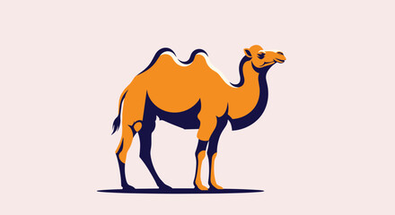 A stylized camel with two humps stands on a flat surface against a light pink background.