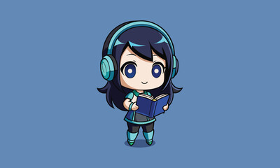 Cool Blue-Haired Girl Wearing Headphones Cartoon Vector