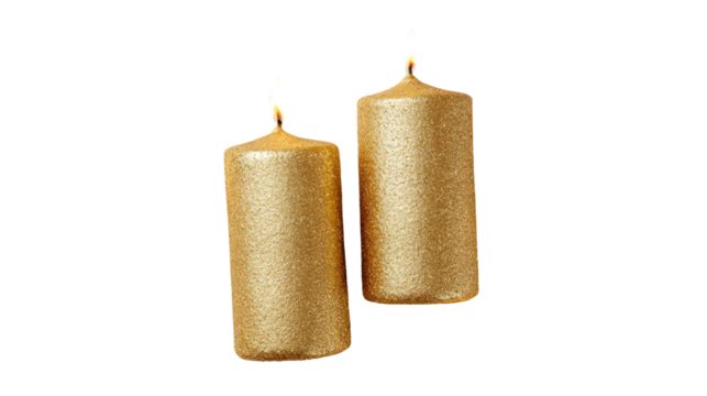 Two tall textured gold glitter candles burning with flames isolated on transparent background