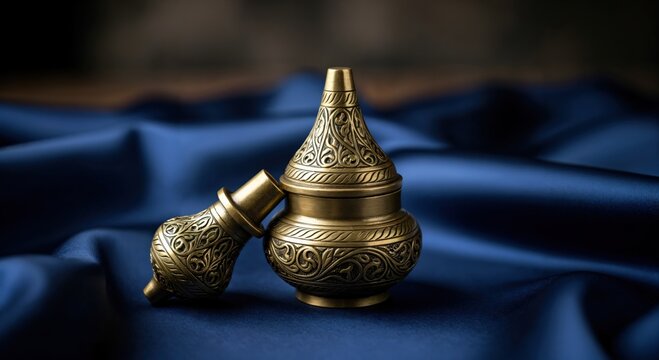 Elegant antique brass kohl containers with intricate filigree patterns resting on luxurious deep blue satin fabric, evoking a sense of exotic luxury and tradition