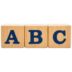 Three wooden blocks displaying the letters A, B, and C in bold, blue font
