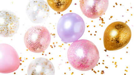Collection of colorful balloons with confetti isolated on transparent background