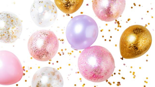 Collection of colorful balloons with confetti isolated on transparent background